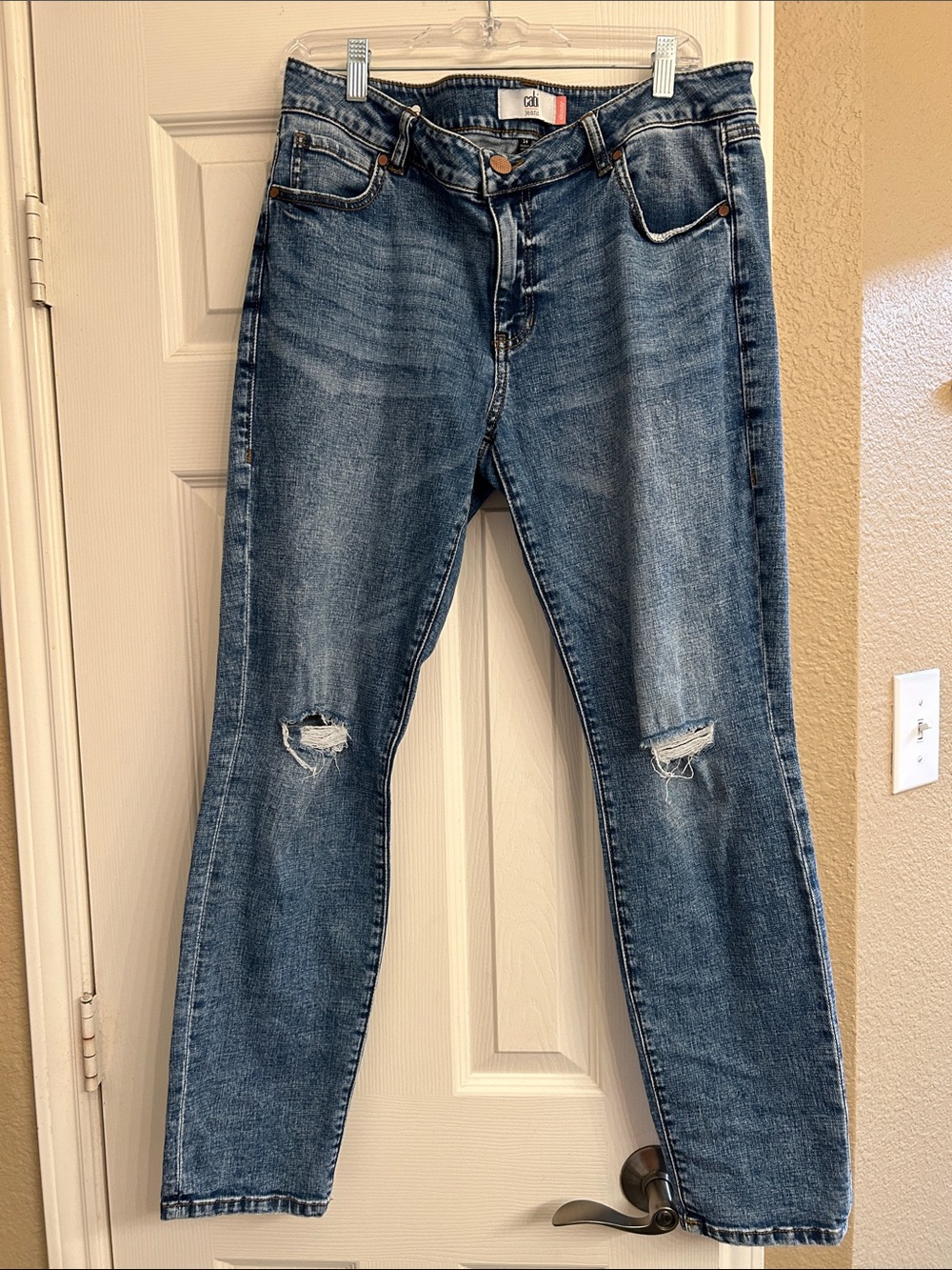 CAbi Straight-Leg Distressed Denim Jeans in Medium Blue